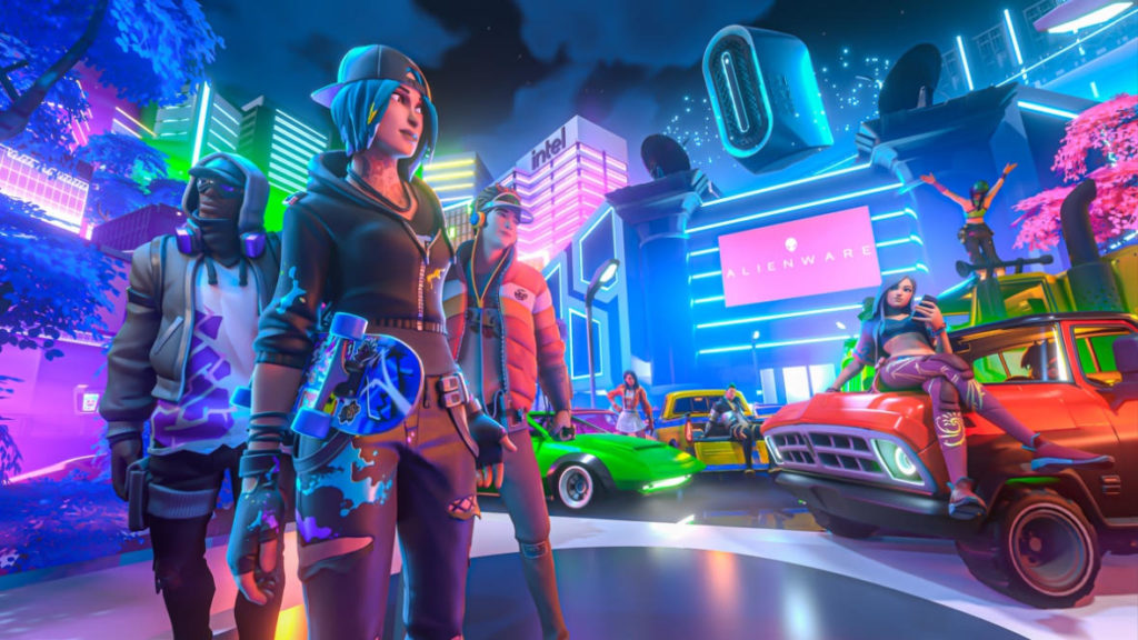 Et reklamebilde for Alienwares Defy City i Fortnite, med to karakterer i urbane antrekk med en neonby bak seg