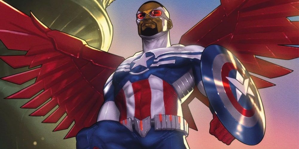 Sam Wilsons Captain America står i en heroisk positur