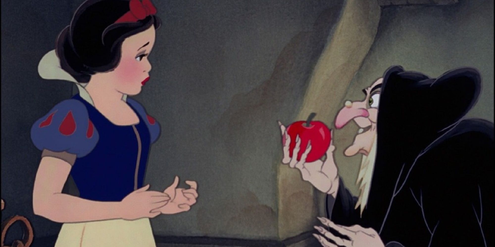 Den onde heksen som gir Snow White det forgiftede eplet i Disneys Snow White