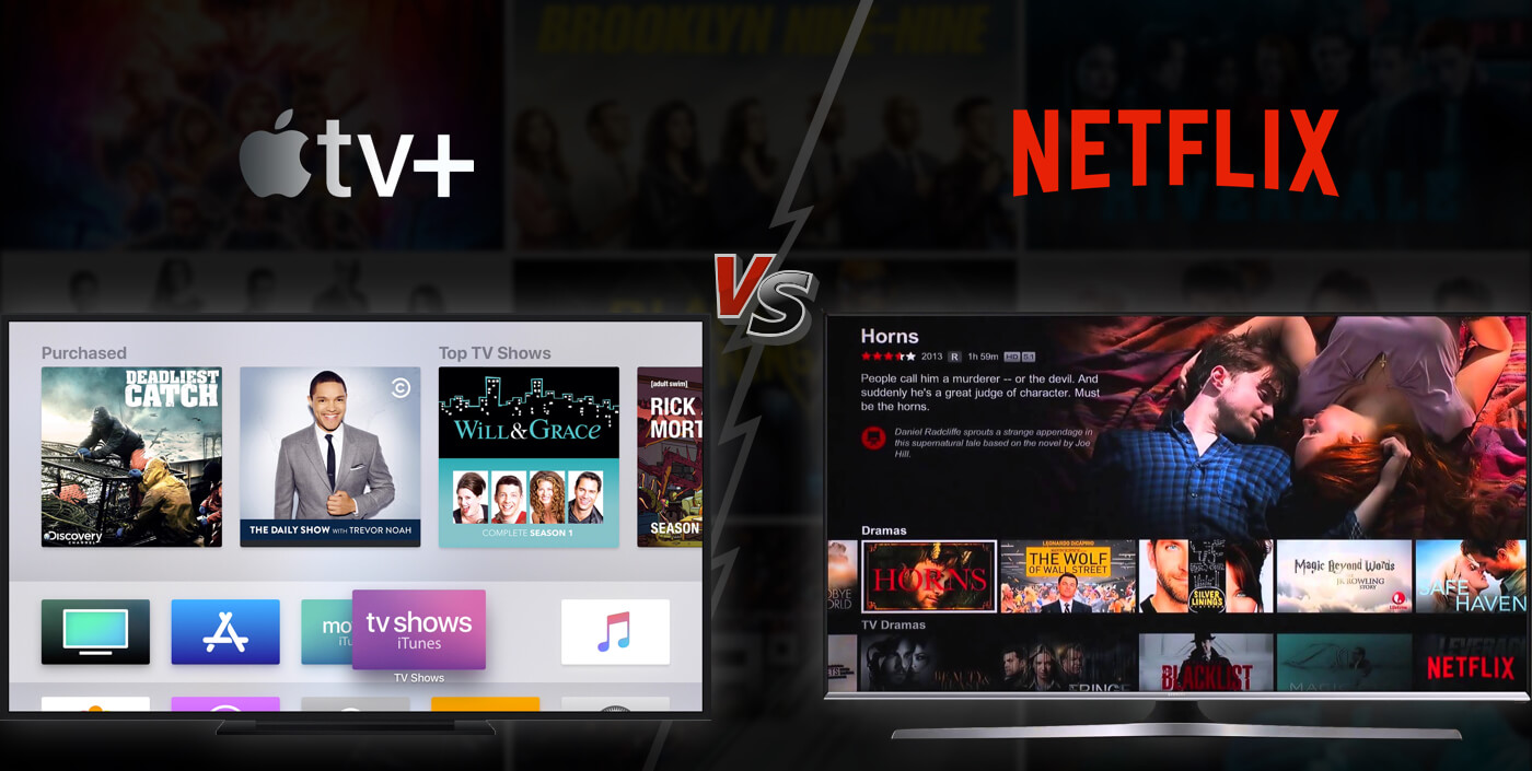 Bilde som sammenligner Apple TV og Netflix