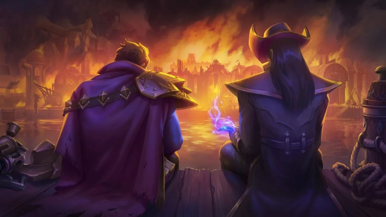 League of Legends-mestere Graves og Twisted Fate ser på en port brenne.