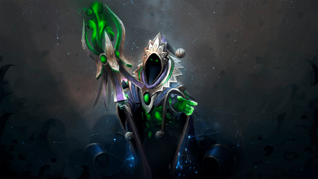 En rampete magiker med en lilla kappe og en grønn stav bevegelser foran et felt med stjerner i Dota 2. 
