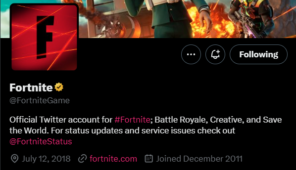 Et bilde av Fortnites Twitter-profil, med plasseringen satt til "12. juli 2018."