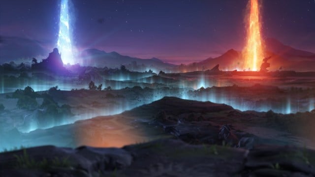 The Radiant and Dire Ancients, eksploderer mens bakken under dem går i stykker i Dota 2.