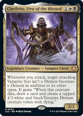 Bilde av vampyr som holder magisk rulle og senere på MTG-kortet i LIC Blood Rites Commander-dekk