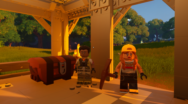 Spillerkarakteren og Aura i LEGO Fortnite.