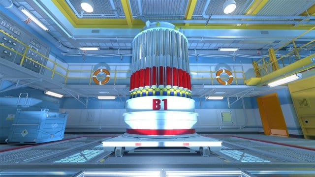 En atomsilo på et glassgulvpanel med et rekkverk på Nuke i Counter-Strike 2.