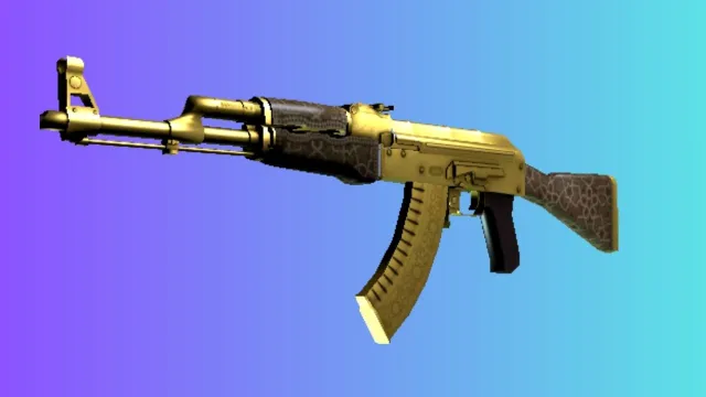 En AK-47 med et 'Gold Arabesque'-skinn, med intrikate gylne mønstre på magasinet, satt mot en blå og lilla gradientbakgrunn.