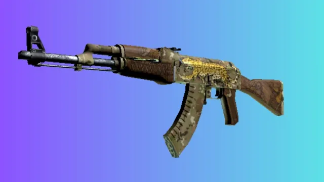 En AK-47 med 'Pantera Onca'-skinnet, med et mønster inspirert av jaguarens pels, mot en gradient blå og lilla bakgrunn.