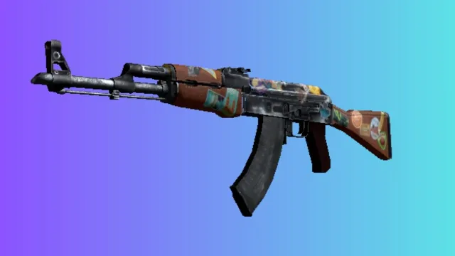 En AK-47 med 'Jet Set'-skinnet, utsmykket med forskjellige reiseklistremerker og et verdenskart, mot en gradient blå og lilla bakgrunn.