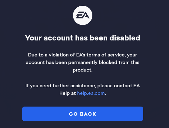 EA-melding som varsler spilleren om kontoforbud