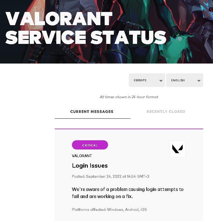 Skjermbilde av VALORANT servicestatusmelding.