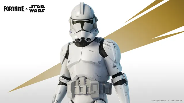 Fortnites Clone Trooper-antrekk poserer foran hvit bakgrunn