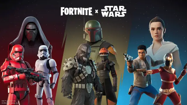 En samling karakterer fra Star Wars og deres nye tilsvarende antrekk i Fortnite.