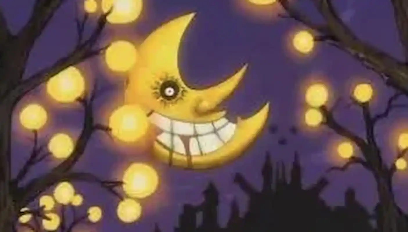 Anime smilende måne med blod som kommer ut av munnen