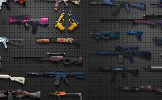 Et utvalg av Counter-Strike-våpen på en vegg med forskjellige malingsfinisher.