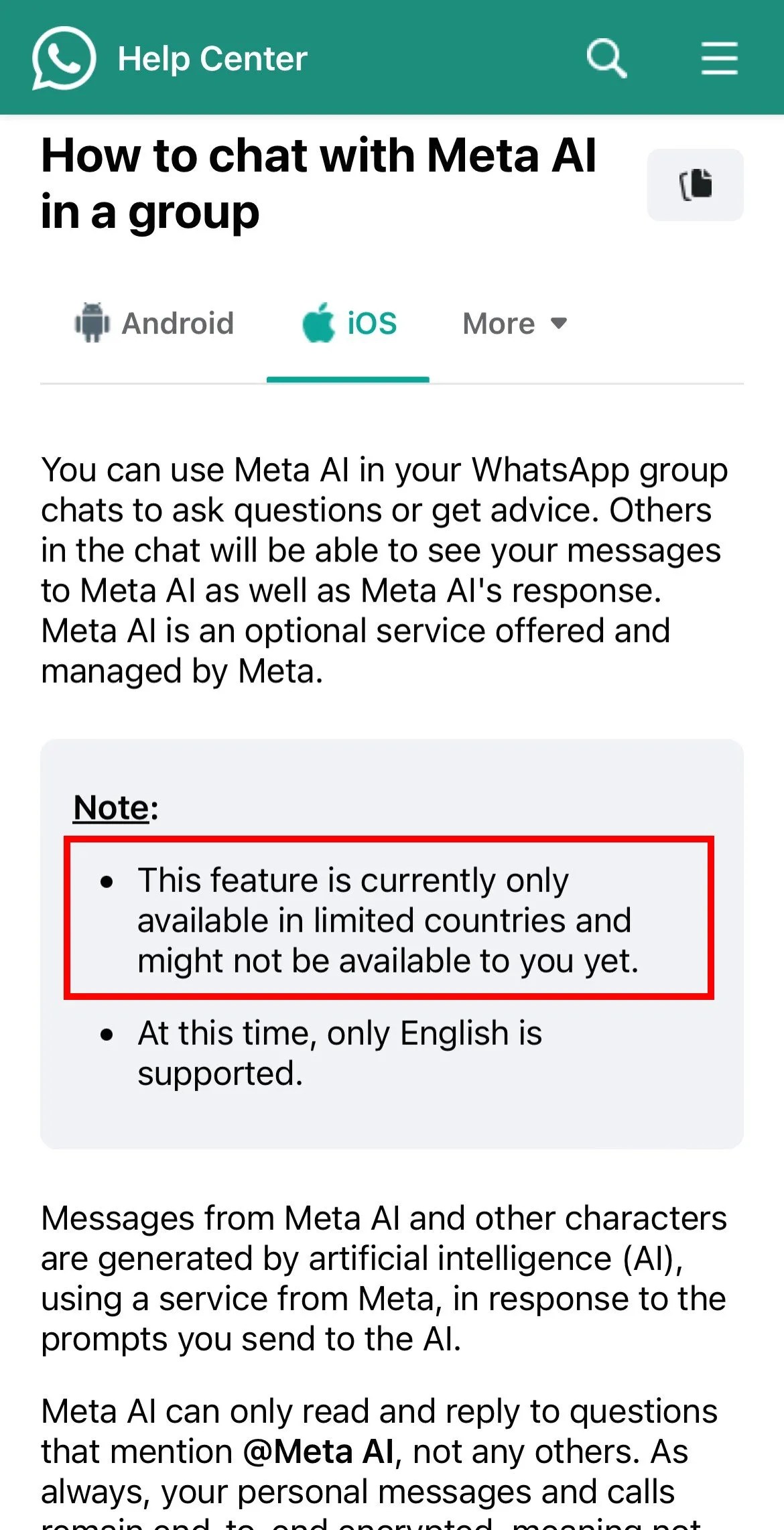 Meta AI viser ikke WhatsApp